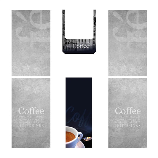 Elementos del kit de vinilos adhesivos frontales y laterales para máquinas expendedoras Necta Brio UP. Diseño Brugge