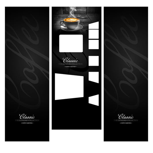 Elementos del kit de vinilos adhesivos para máquinas expendedoras Necta Bianchi Everly. Diseño Expresso Classic