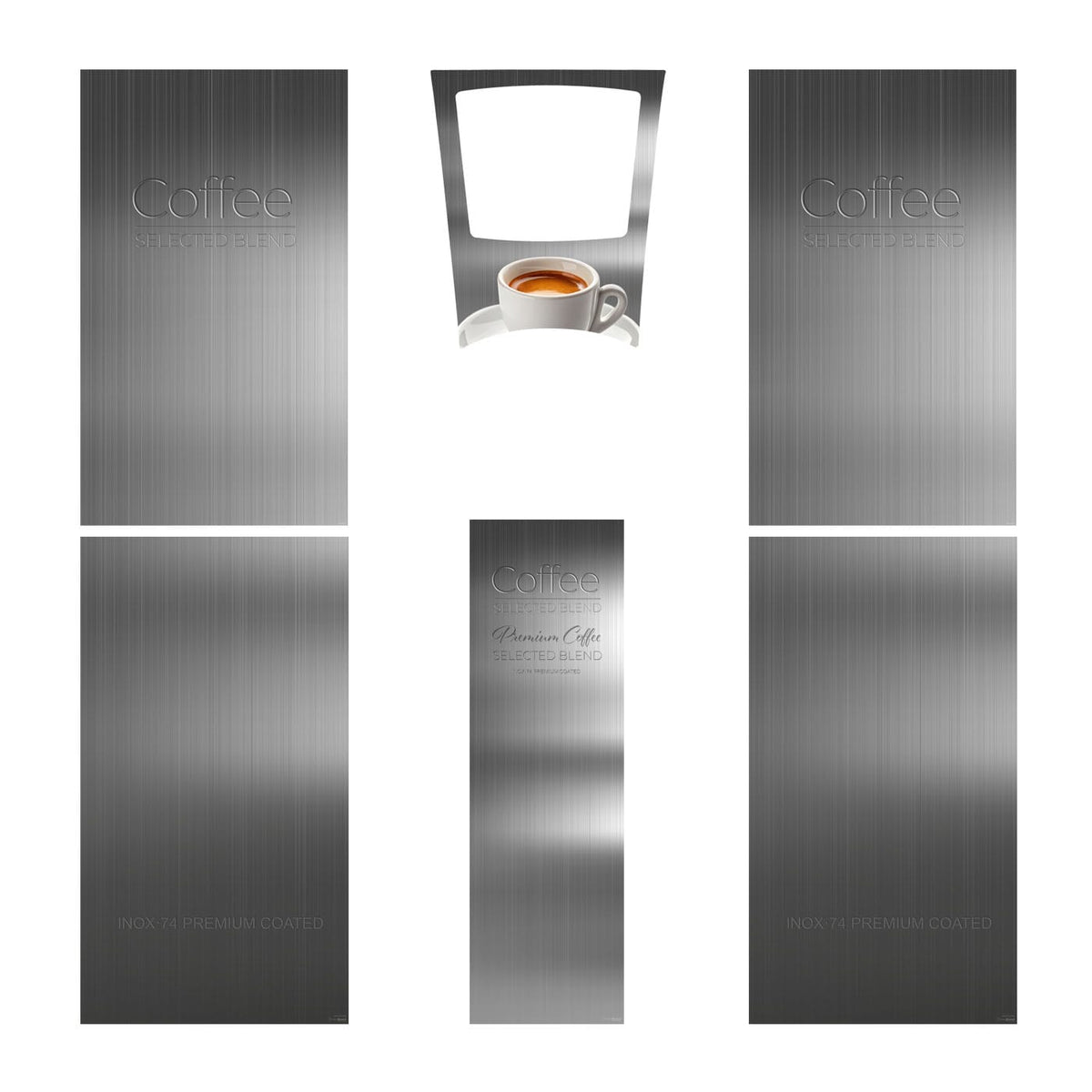 Elementos del kit de vinilos adhesivos para máquinas expendedoras Necta Brio 3. Diseño Inox Grey