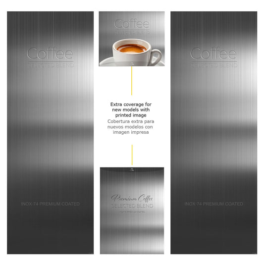 Elementos del kit de vinilos adhesivos para máquinas expendedoras Necta Kikko. Diseño Inox Grey