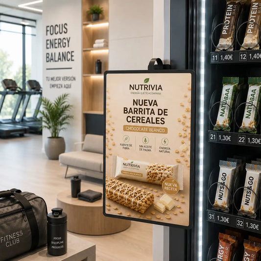 Stopper publicitario de 10 x 15 cm para máquinas expendedoras de snacks y bebidas. Imagen del stopper en la máquina