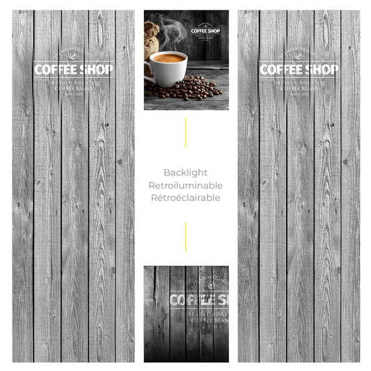 Elementos del kit de vinilos adhesivos frontales y laterales para máquinas expendedoras Necta Astro Coffee Shop