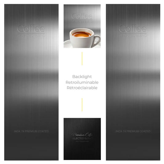 Elementos del kit de vinilos adhesivos frontales y laterales para máquinas expendedoras Necta Astro Inox Grey