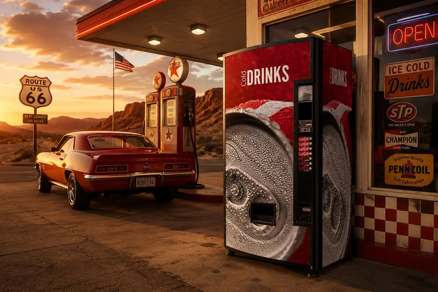 Vinilo adhesivo con diseño Drinks instalado en una máquina expendedora de bebidas.