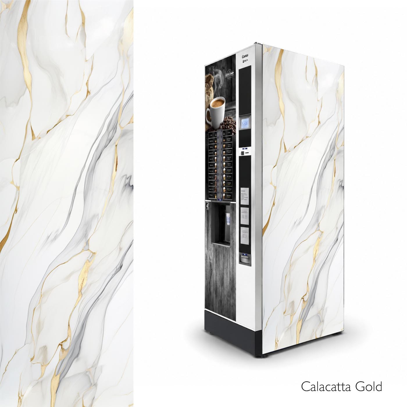 Vinilos laterales universales para máquinas expendedoras de snacks. Diseño Calacatta Gold.