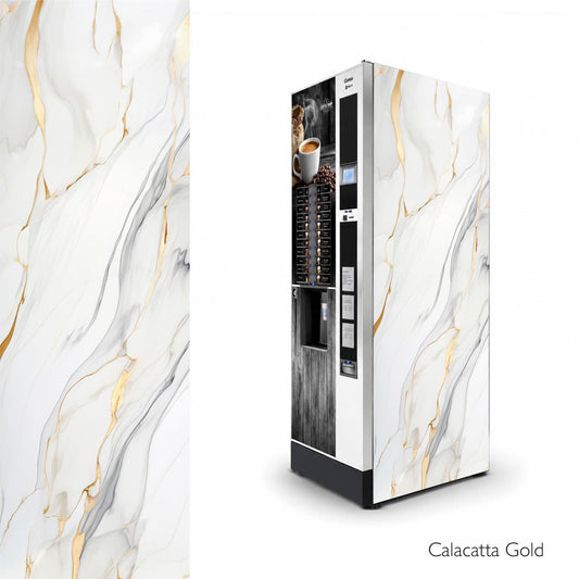 Vinilos laterales universales para máquinas expendedoras de snacks. Diseño Calacatta Gold.