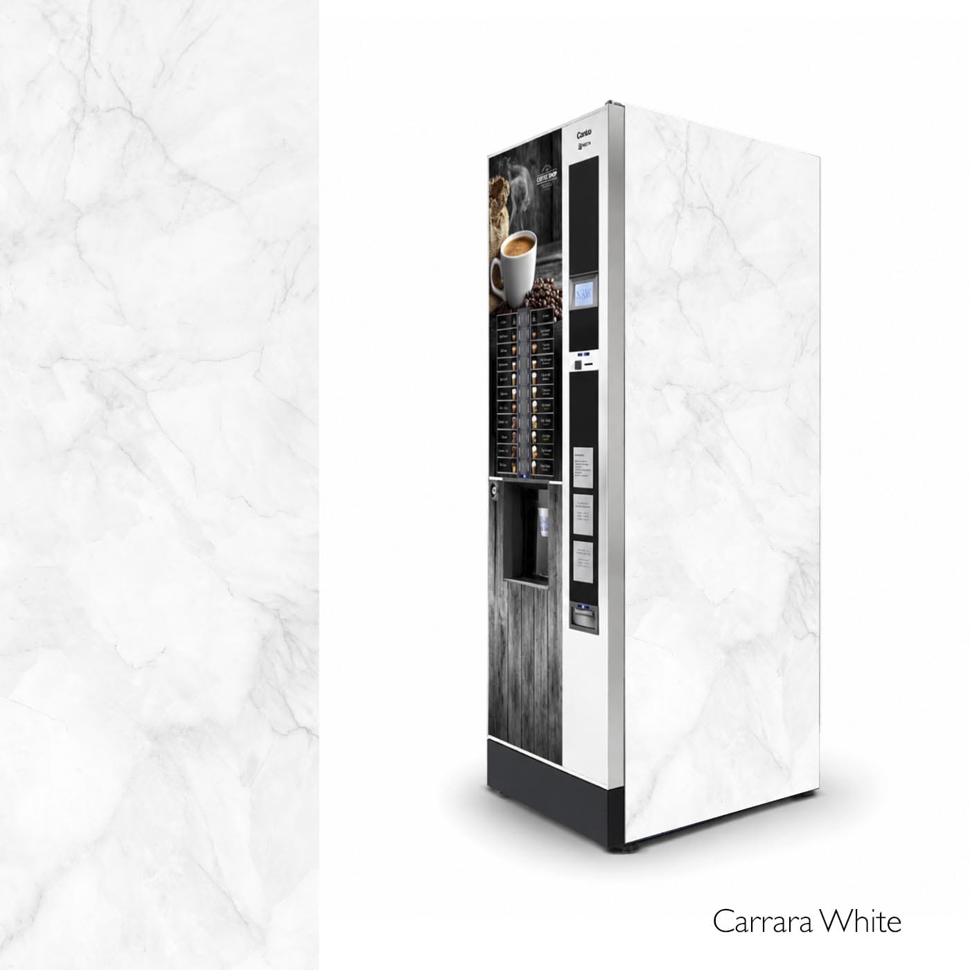 Vinilos laterales universales para máquinas expendedoras de café. Diseño Carrara White.