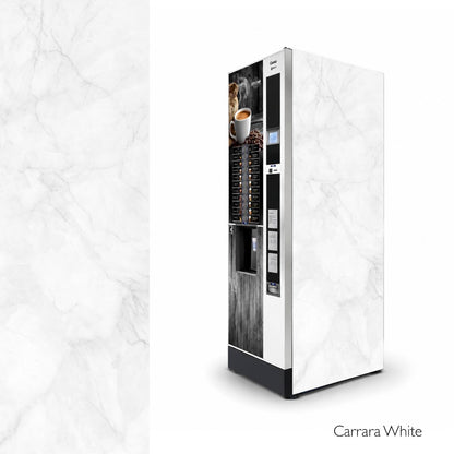 Vinilos laterales universales para máquinas expendedoras de café. Diseño Carrara White.