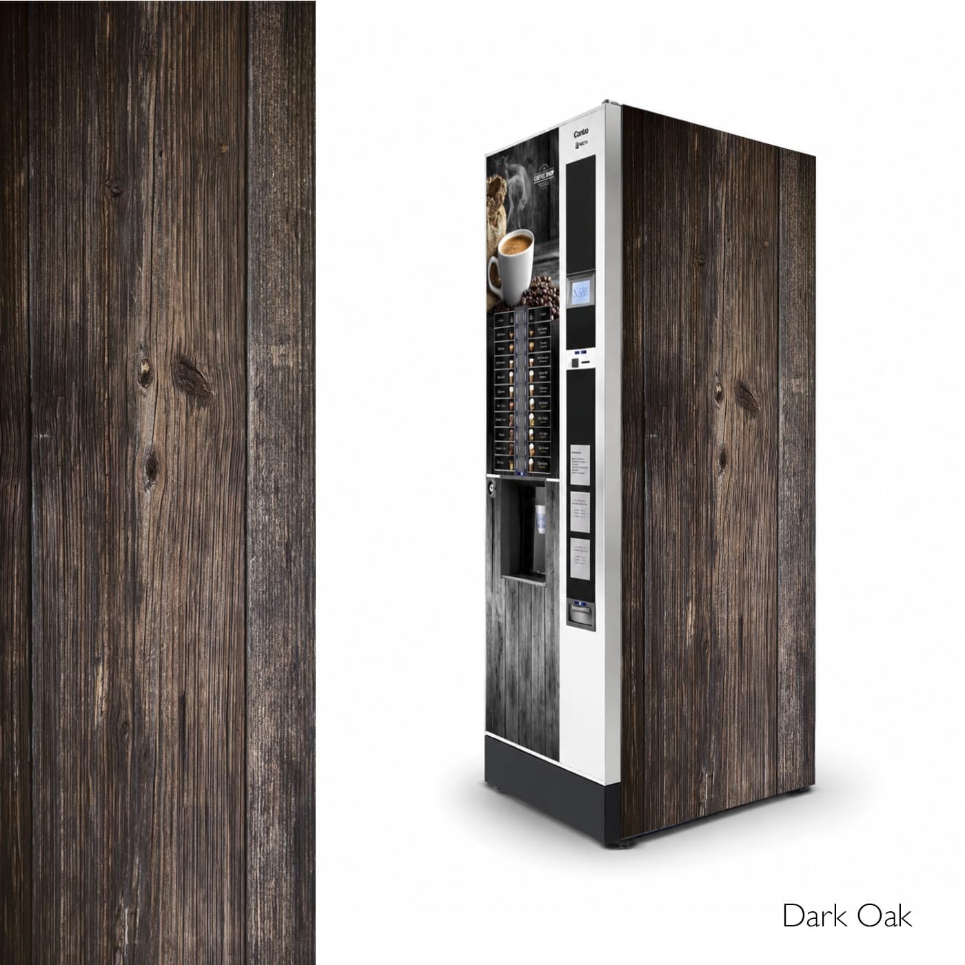 Vinilos laterales universales para máquinas expendedoras de café. Diseño Dark Oak.