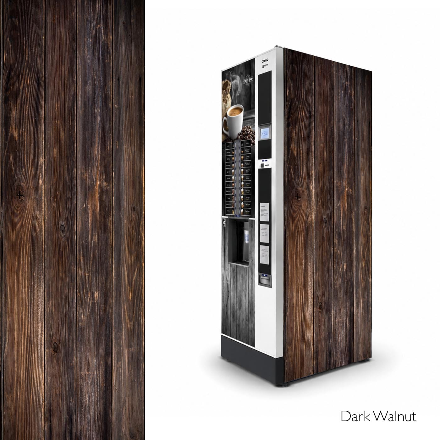 Vinilos laterales universales para máquinas expendedoras de café. Diseño Dark Walnut.