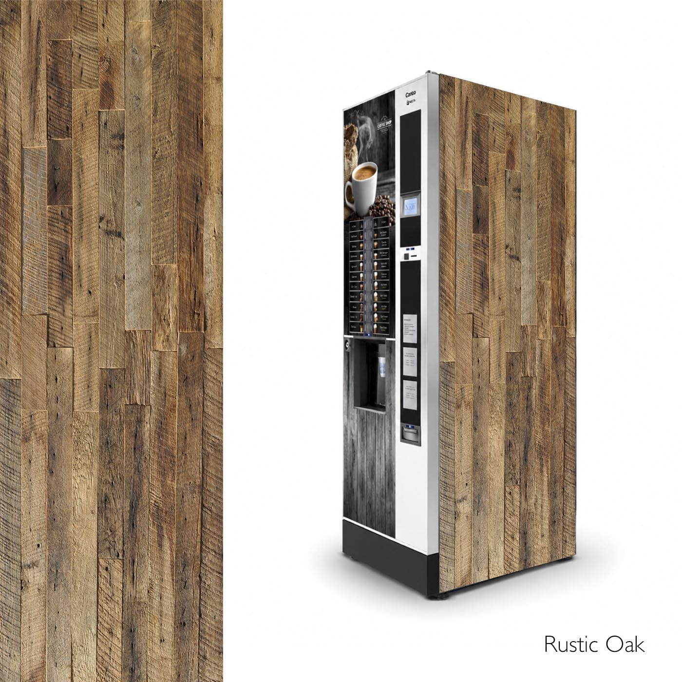 Vinilos laterales universales para máquinas expendedoras de café. Diseño Rustic Oak.