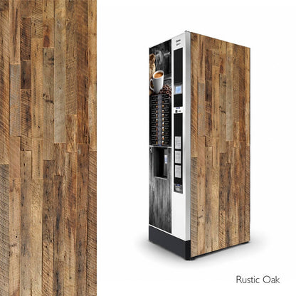 Vinilos laterales universales para máquinas expendedoras de café. Diseño Rustic Oak.