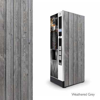 Vinilos laterales universales para máquinas expendedoras de café. Diseño Weatherede Grey