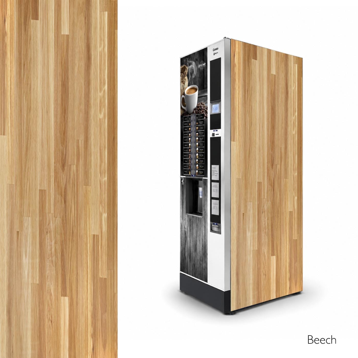 Vinilos laterales universales para máquinas expendedoras de café. Diseño Beech.
