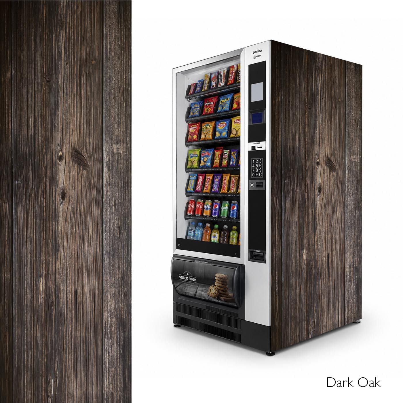 Vinilos laterales universales para máquinas expendedoras de snacks. Diseño Dark Oak.
