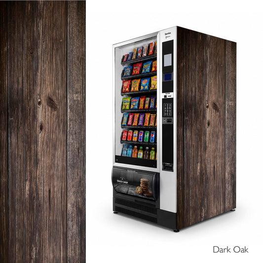 Vinilos laterales universales para máquinas expendedoras de snacks. Diseño Dark Oak.