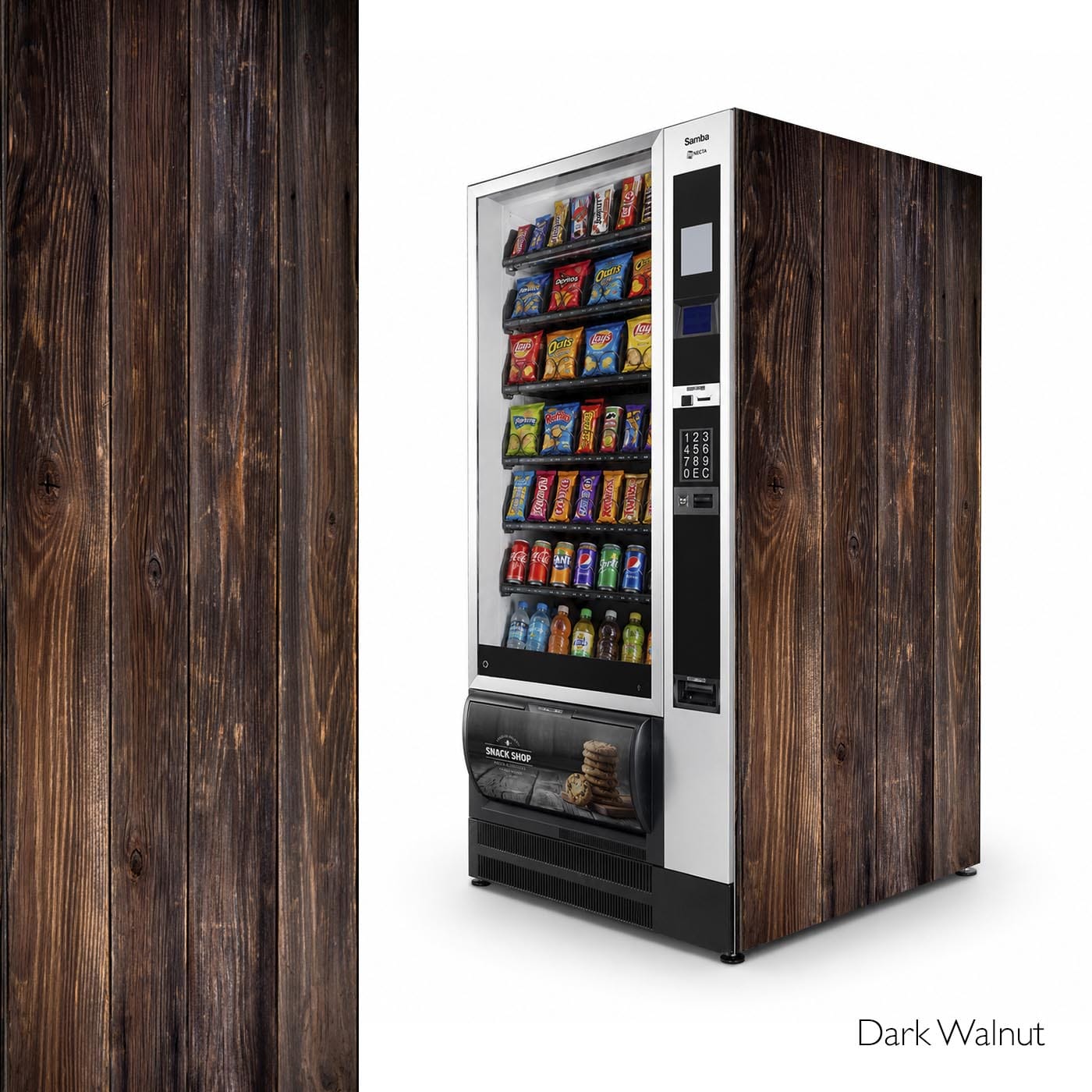 Vinilos laterales universales para máquinas expendedoras de snacks. Diseño Dark Walnut.