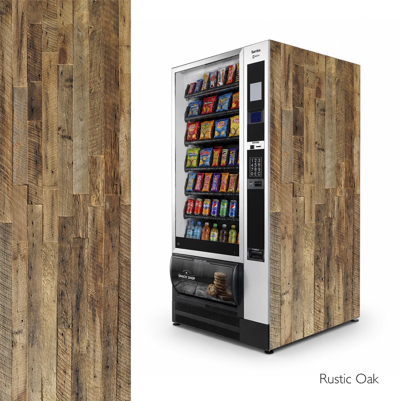 Vinilos laterales universales para máquinas expendedoras de snacks. Diseño Rustic Oak.