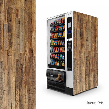 Vinilos laterales universales para máquinas expendedoras de snacks. Diseño Rustic Oak.
