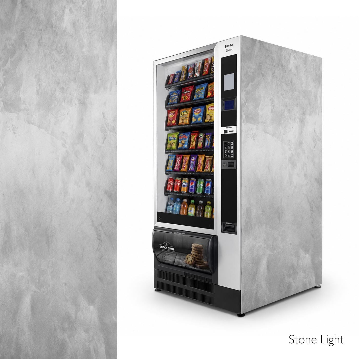 Vinilos laterales universales para máquinas expendedoras de snacks. Diseño Stone Light.