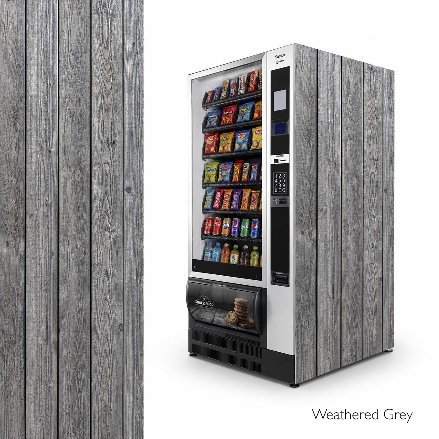 Vinilos laterales universales para máquinas expendedoras de snacks. Diseño Weatherede Grey