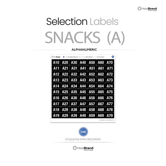 Etiquetas de número de selección alfanuméricas recortables para máquinas expendedoras de snacks. Diseño Black