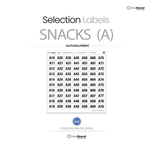 Etiquetas de número de selección alfanuméricas recortables para máquinas expendedoras de snacks. Diseño White