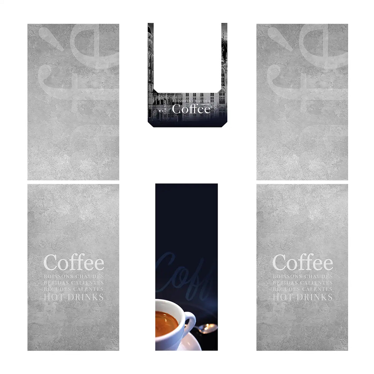 Elementos del kit de vinilos adhesivos frontales y laterales para máquinas expendedoras Necta Brio UP. Diseño Brugge
