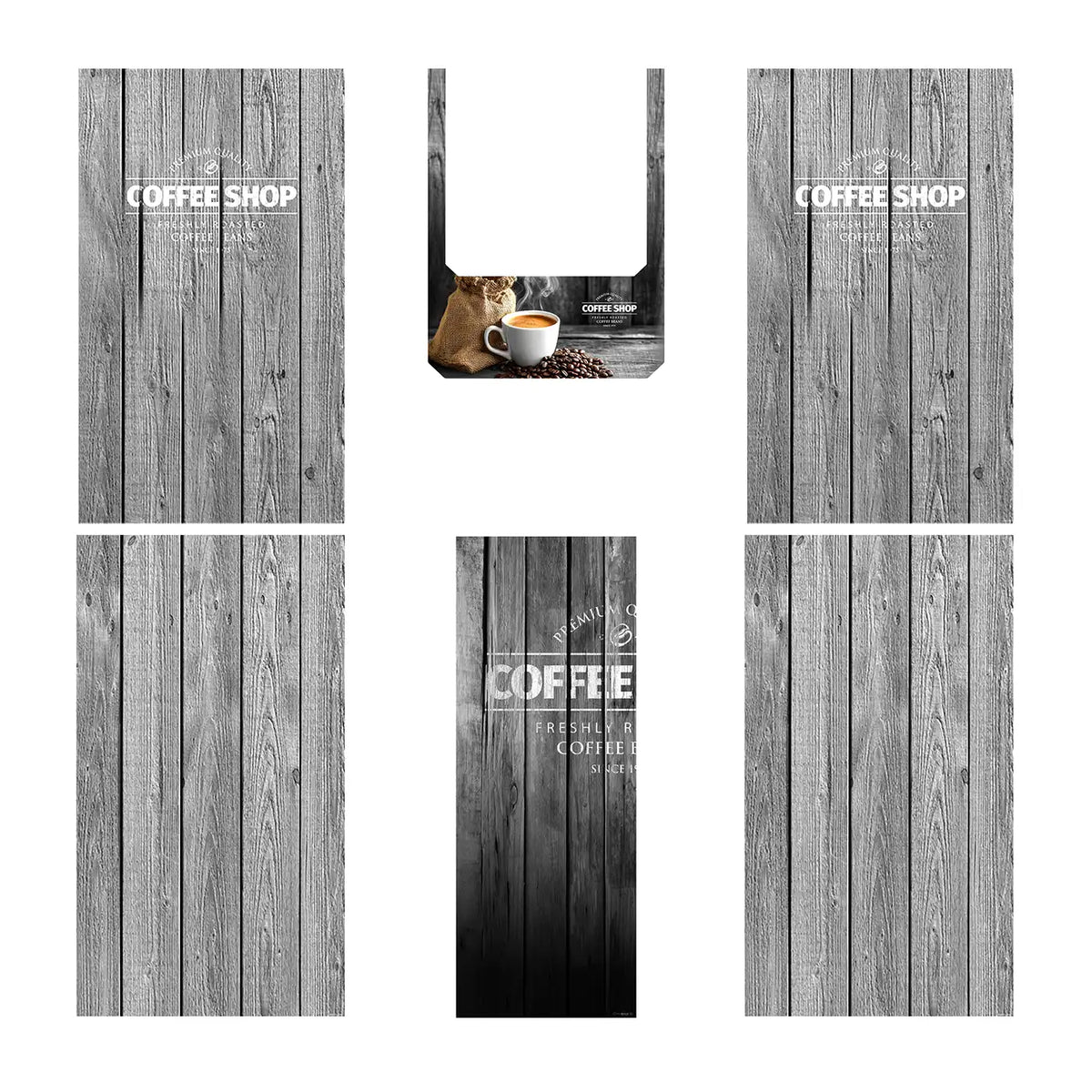Elementos del kit de vinilos adhesivos frontales y laterales para máquinas expendedoras Necta Brio UP. Diseño Coffee Shop