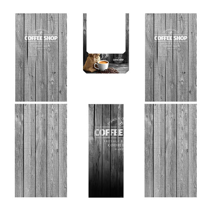 Elementos del kit de vinilos adhesivos frontales y laterales para máquinas expendedoras Necta Brio UP. Diseño Coffee Shop