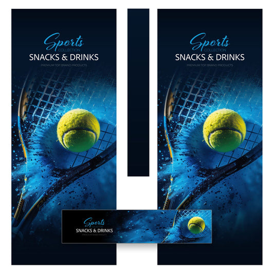 Elementos del kit de vinilos adhesivos para máquinas expendedoras Fas 1050 Sports Collection. Diseño Snacks & Drinks