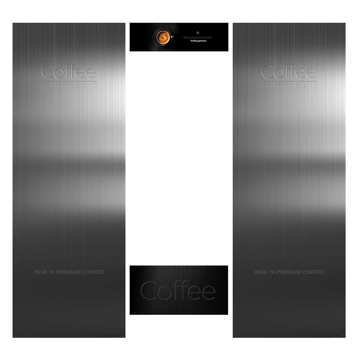 Elementos del kit de vinilos adhesivos para máquinas expendedoras Necta Barista Pro 500. Diseño Inox Print