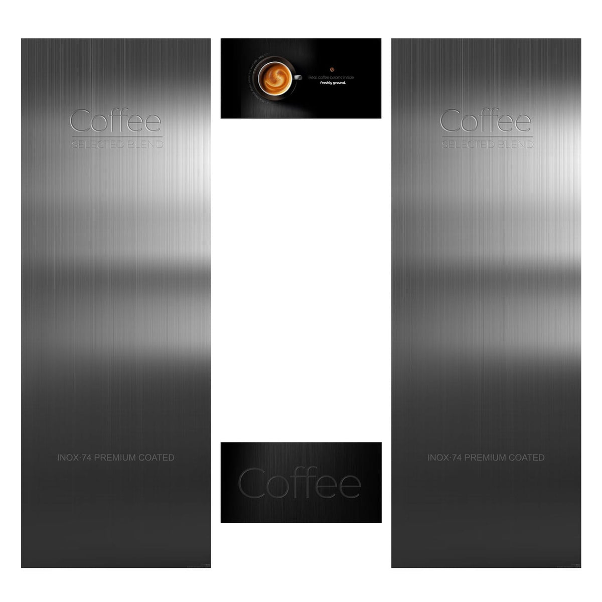 Elementos del kit de vinilos adhesivos para máquinas expendedoras Necta Barista Pro 600. Diseño PInox Print