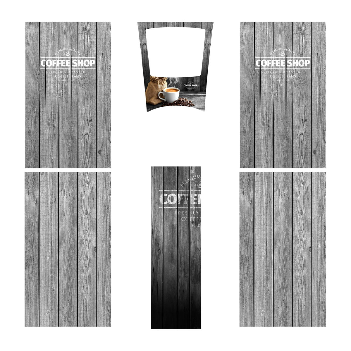 Elementos del kit de vinilos adhesivos para máquinas expendedoras Necta Brio 3. Diseño Coffee Shop