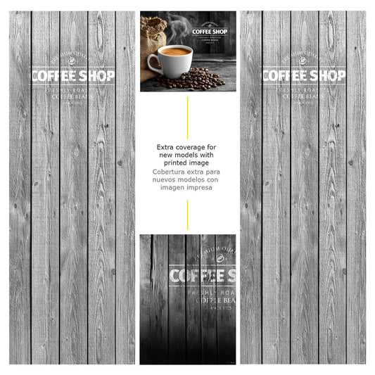 Elementos del kit de vinilos adhesivos para máquinas expendedoras Necta Kikko. Diseño Coffee Shop