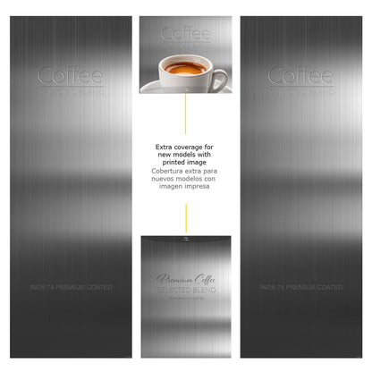 Elementos del kit de vinilos adhesivos para máquinas expendedoras Necta Kikko. Diseño Inox Grey
