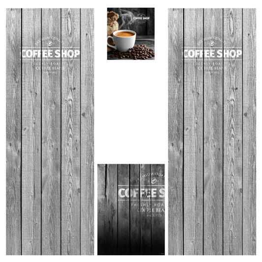 Elementos del kit de vinilos adhesivos para máquinas expendedoras Necta Kikko Ry. Diseño Coffee Shop