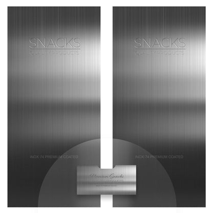 Elementos del kit de vinilos adhesivos para máquinas expendedoras Necta Snakky. Diseño Inox Grey