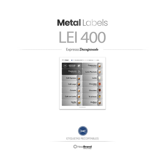 Etiquetas recortables para máquina expendedora de café Bianchi Lei 400. Diseño Metal