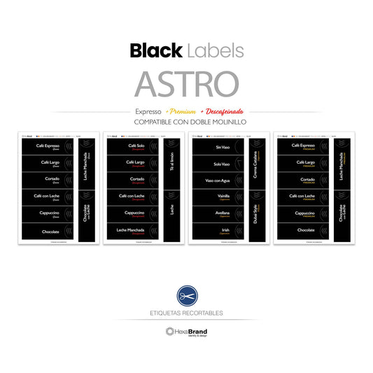 Etiquetas recortables para máquina expendedora de café Necta Astro. Diseño Black