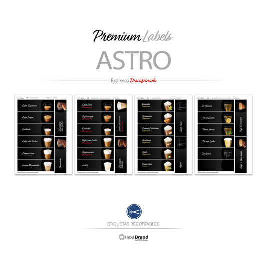 Etiquetas recortables para máquina expendedora de café Necta Astro. Diseño Premium. Selecciones Espresso + Descafeinado
