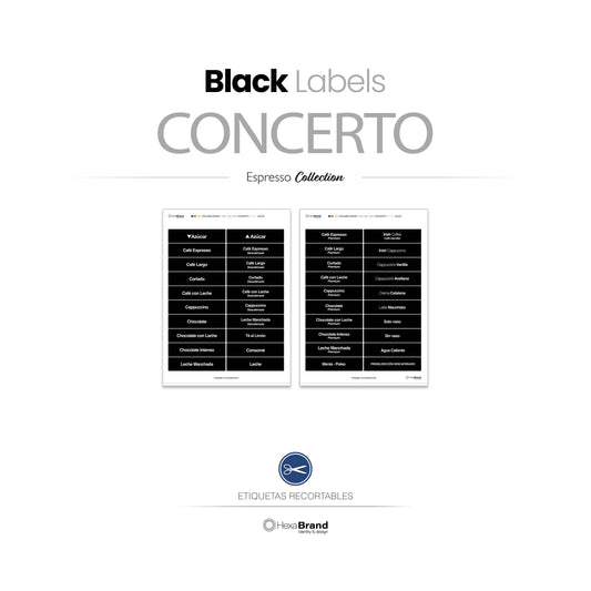Etiquetas recortables para máquina expendedora de café Necta Concerto. Diseño Black