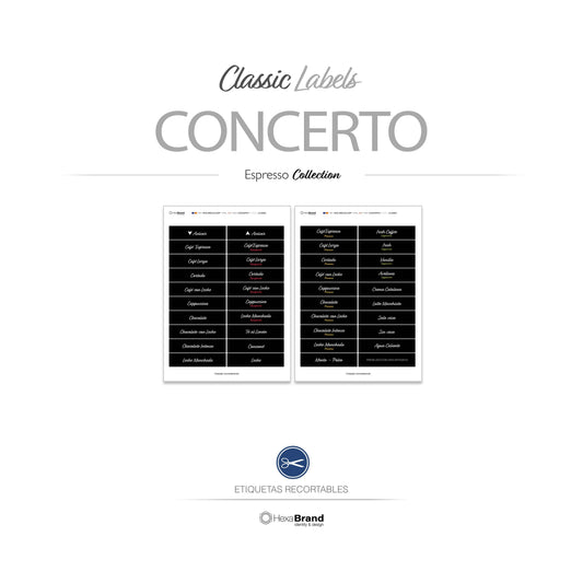 Etiquetas recortables para máquina expendedora de café Necta Concerto. Diseño Classic
