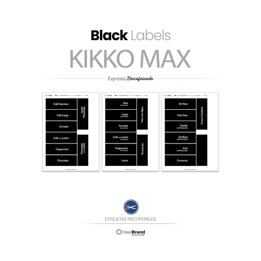 Etiquetas recortables para máquina expendedora de café Necta Kikko Max. Diseño Black