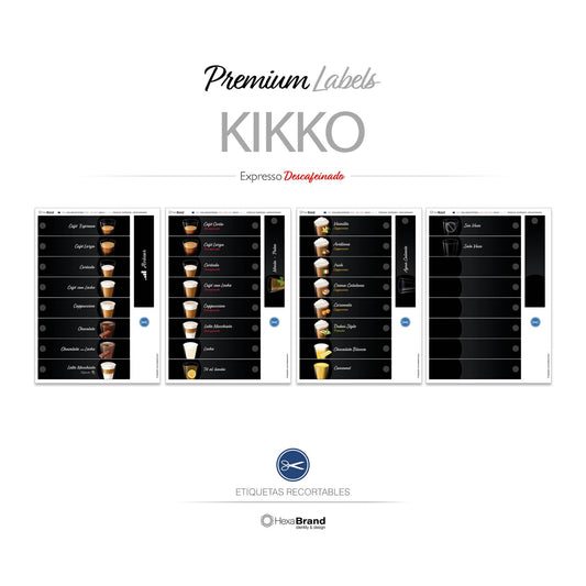 Etiquetas recortables para máquina expendedora de café Necta Kikko. Diseño Premium
