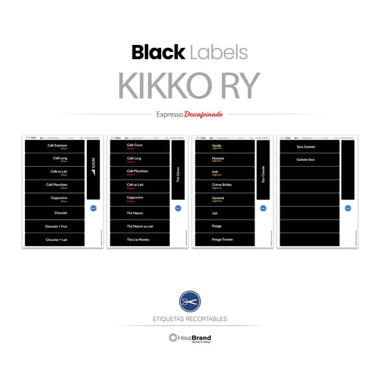 Etiquetas recortables para máquina expendedora de café Necta Kikko RY. Diseño Black
