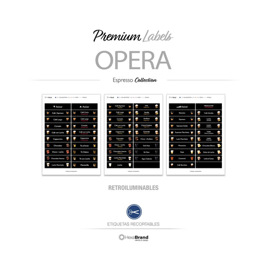Etiquetas recortables para máquina expendedora de café Necta Opera. Diseño Premium
