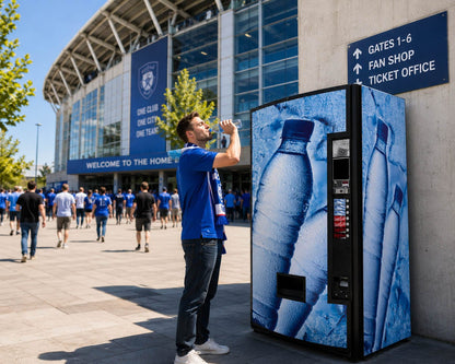 Kit de vinilos adhesivos para máquinas expendedoras de refrescos, latas y botellas. Diseño Iceland. Ejemplo de máquina en el exterior de un estadio de futbol