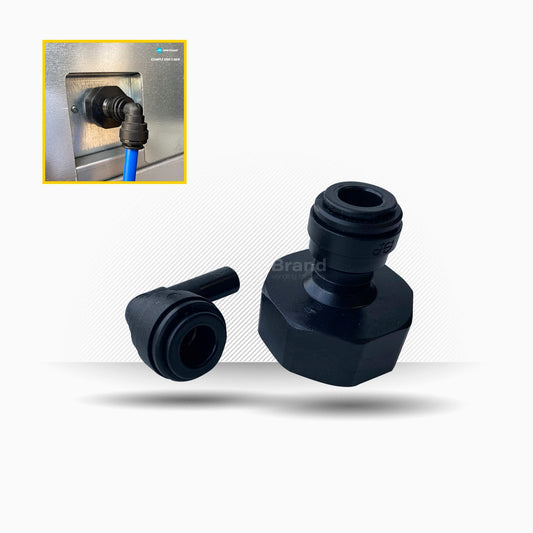 Conjunto John Guest CM320816E y PM220808E con conexión 3/4 BSP para tubo Ø 8 mm y adaptador acodado para máquinas expendedoras