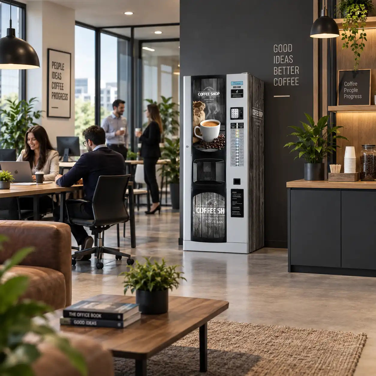 Máquina expendedora Bianchi BVM 952 con kit de vinilos adhesivos Coffee Shop instalada en una oficina moderna. Imagen Virtual